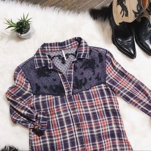 Free people lace top flannel oversized long xs